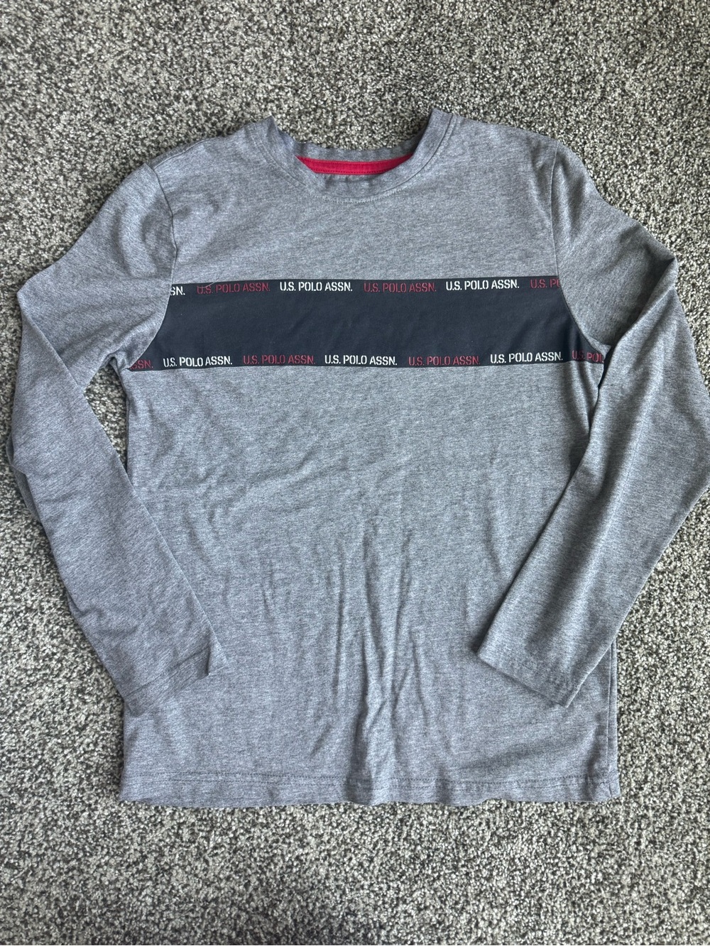 U.S. Polo Assn. Gray Long Sleeve Tee with Navy Stripe and Red Trim
